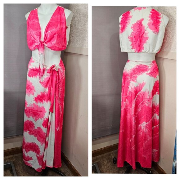 Handmade Other - Beach Swim Cover Up Tie Crop Top Sarong Skirt 2 pc M L XL Pink White Floral